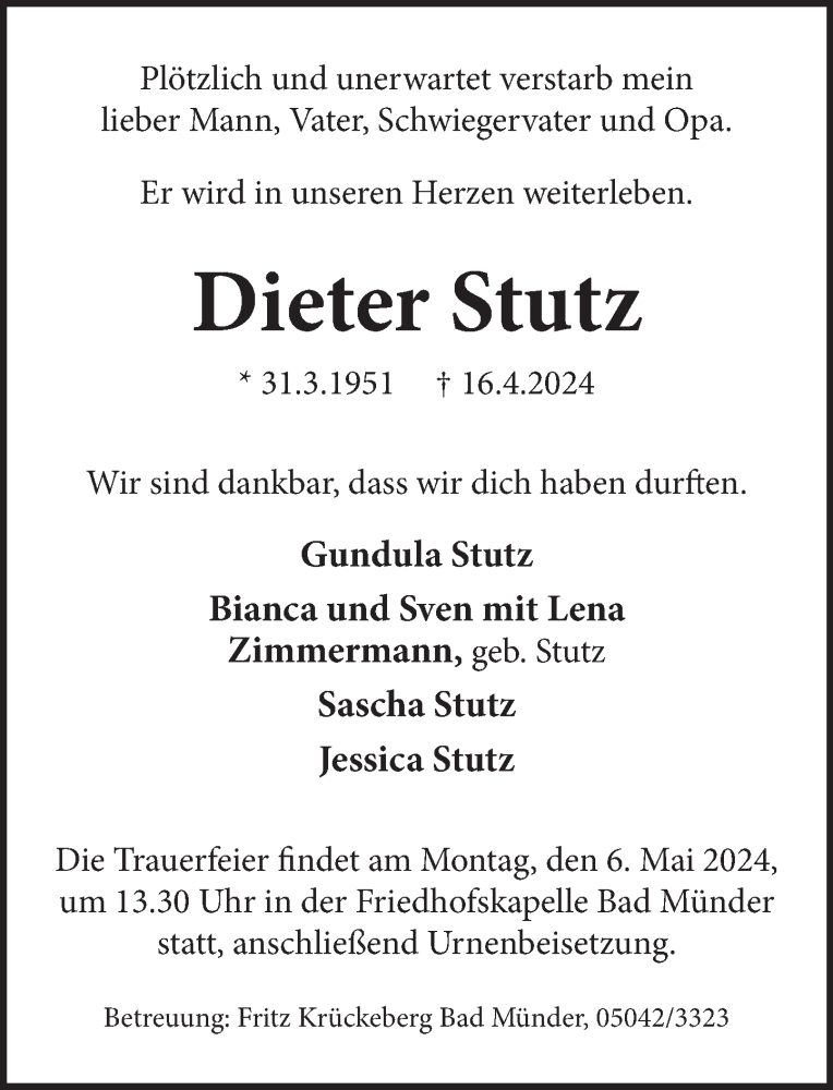  Traueranzeige für Dieter Stutz vom 04.05.2024 aus Neue Deister-Zeitung