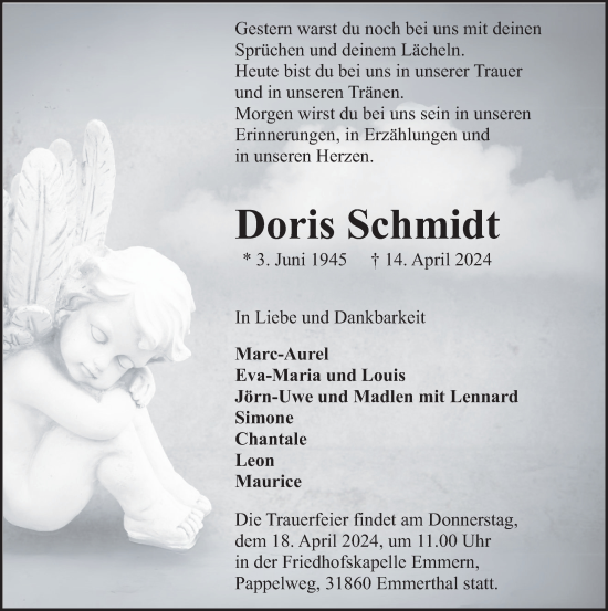 Traueranzeige von Doris Schmidt von Deister- und Weserzeitung