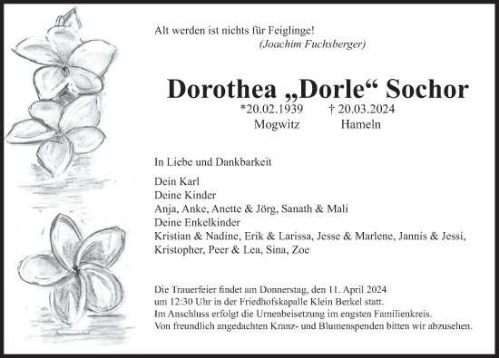 Traueranzeige von Dorothea Sochor von Deister- und Weserzeitung