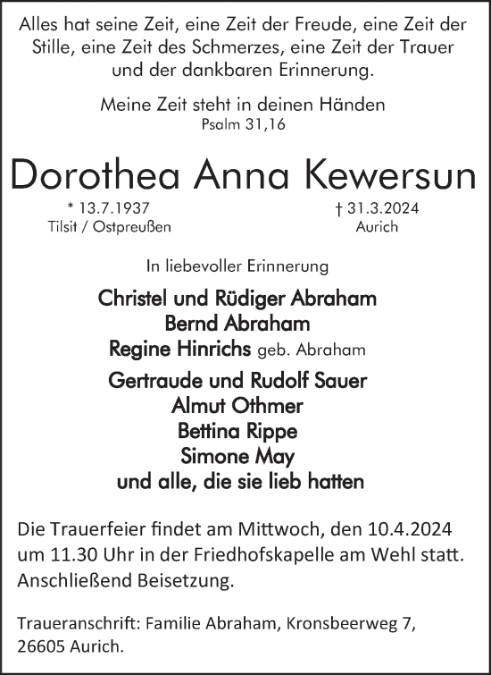 Traueranzeige von Dorothea Anna Kewersun von Deister- und Weserzeitung