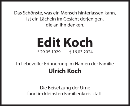 Traueranzeige von Edit Koch von Deister- und Weserzeitung