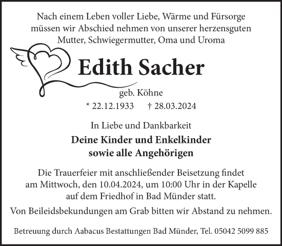 Traueranzeige von Edith Sacher von Neue Deister-Zeitung