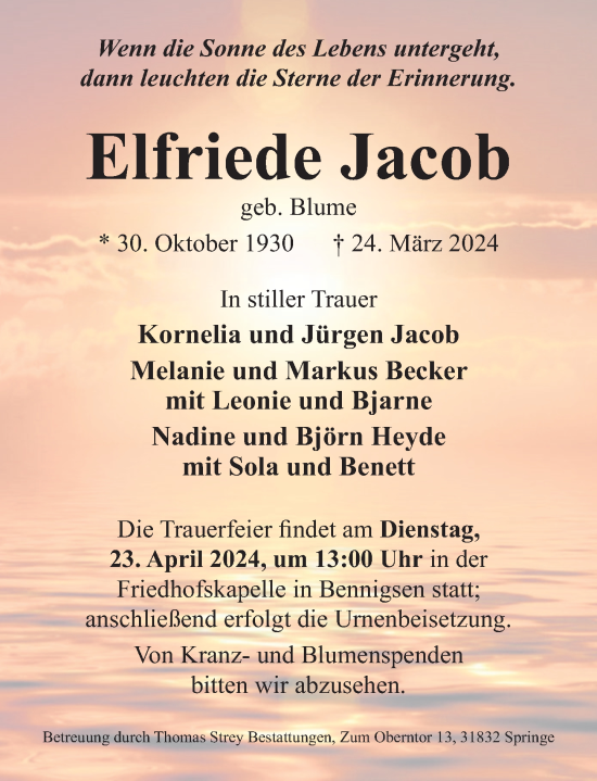 Traueranzeige von Elfriede Jacob von Neue Deister-Zeitung