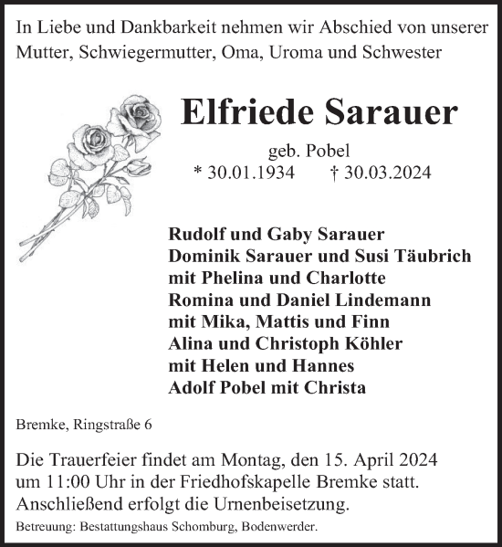 Traueranzeige von Elfriede Sarauer von Deister- und Weserzeitung