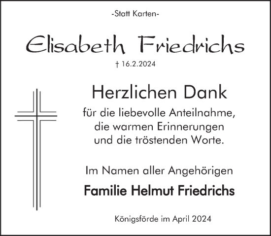 Traueranzeige von Elisabeth Friedrichs von Deister- und Weserzeitung