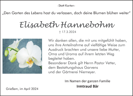 Traueranzeige von Elisabeth Hannebohm von Deister- und Weserzeitung