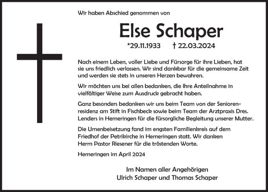 Traueranzeige von Else Schaper von Deister- und Weserzeitung