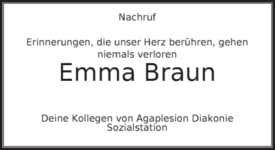 Traueranzeige von Emma Braun von Deister- und Weserzeitung
