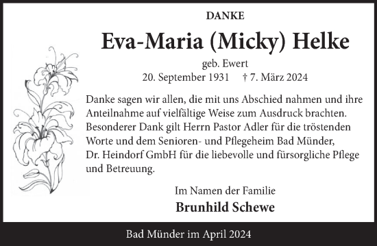 Traueranzeige von Eva-Maria Helke von Neue Deister-Zeitung