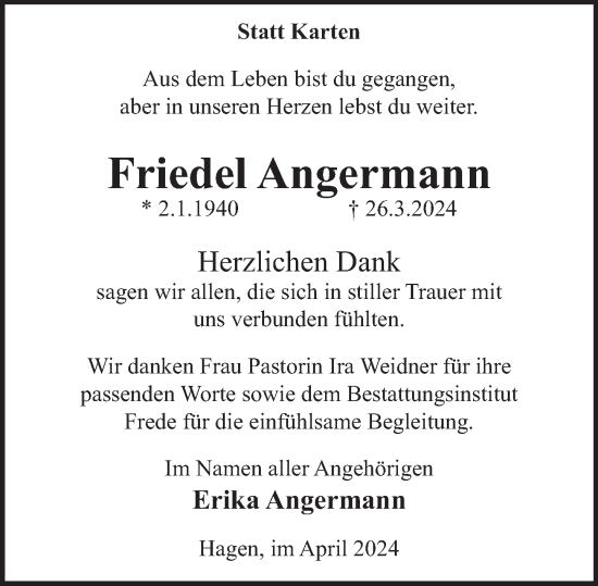 Traueranzeige von Friedel Angermann von Deister- und Weserzeitung