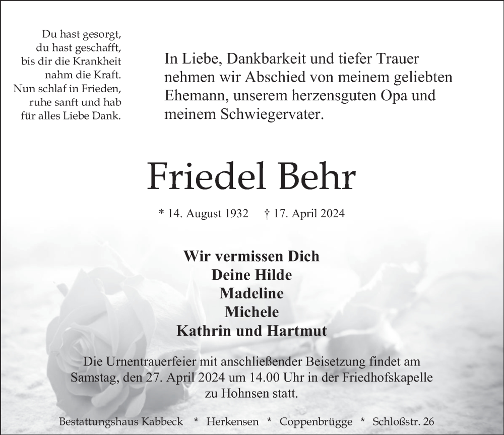  Traueranzeige für Friedel Behr vom 20.04.2024 aus Deister- und Weserzeitung