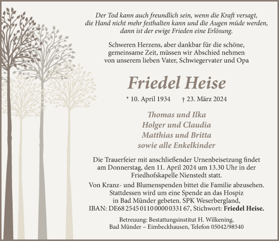 Traueranzeige von Friedel Heise von Neue Deister-Zeitung