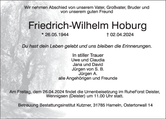 Traueranzeige von Friedrich-Wilhelm Hoburg von Deister- und Weserzeitung