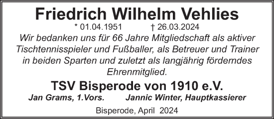 Traueranzeige von Friedrich Wilhelm Vehlies von Deister- und Weserzeitung