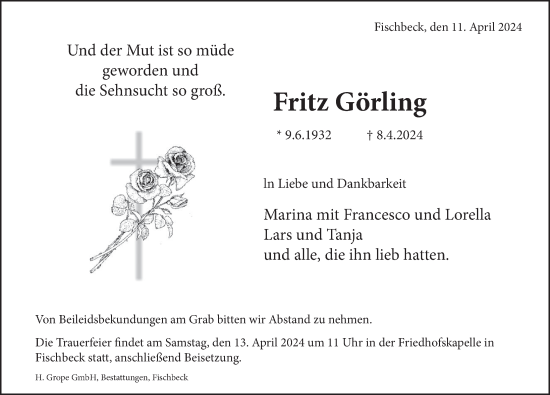 Traueranzeige von Fritz Görling von Deister- und Weserzeitung