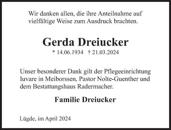 Traueranzeige von Gerda Dreiucker von Deister- und Weserzeitung