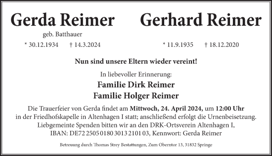 Traueranzeige von Gerda Reimer von Neue Deister-Zeitung