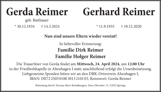Traueranzeige von Gerhard Reimer von Neue Deister-Zeitung
