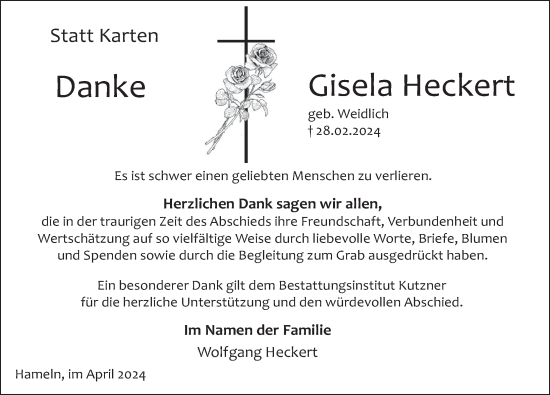 Traueranzeige von Gisela Heckert von Deister- und Weserzeitung
