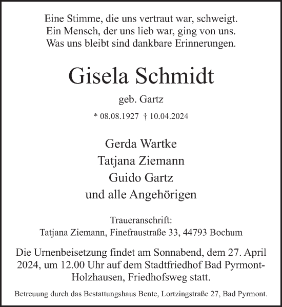 Traueranzeige von Gisela Schmidt von Deister- und Weserzeitung