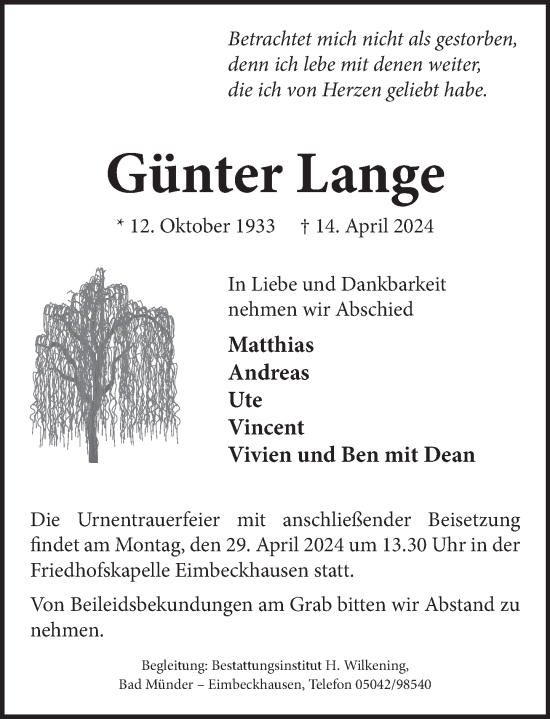 Traueranzeige von Günter Lange von Neue Deister-Zeitung
