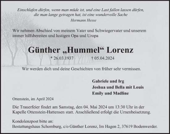 Traueranzeige von Günther Lorenz von Deister- und Weserzeitung