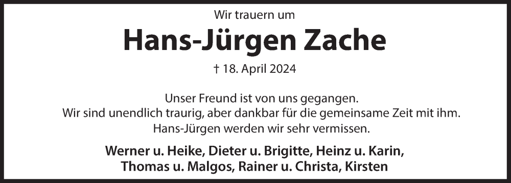  Traueranzeige für Hans-Jürgen Zache vom 23.04.2024 aus Deister- und Weserzeitung