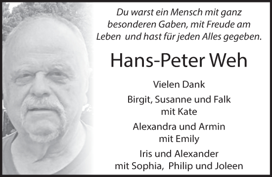 Traueranzeige von Hans-Peter Weh von Deister- und Weserzeitung