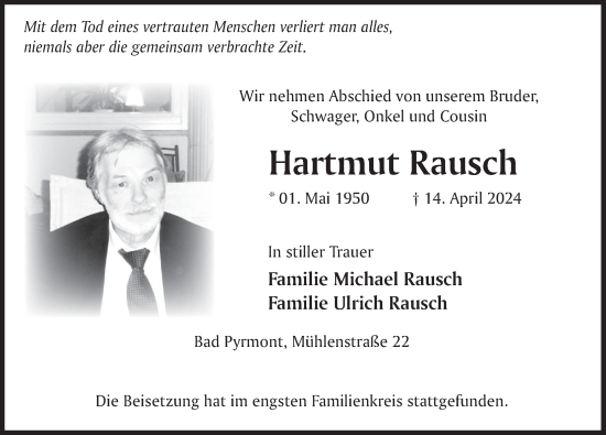 Traueranzeige von Hartmut Rausch von Deister- und Weserzeitung