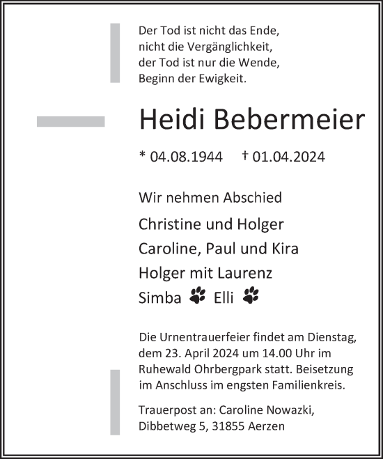 Traueranzeige von Heidi Bebermeier von Deister- und Weserzeitung