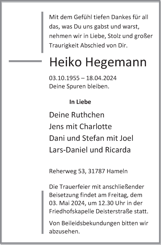 Traueranzeige von Heiko Hegemann von Deister- und Weserzeitung