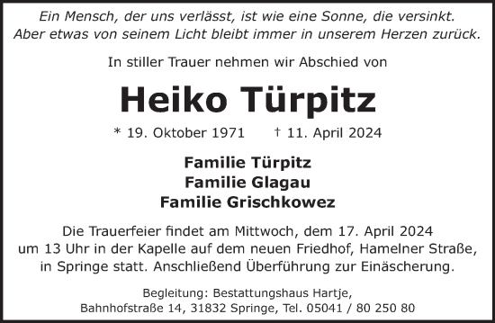 Traueranzeige von Heiko Türpitz von Neue Deister-Zeitung