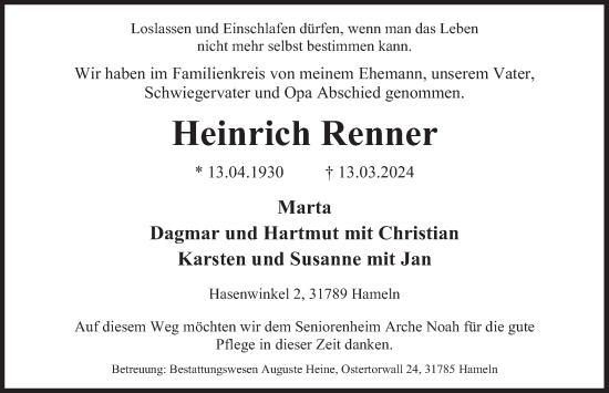 Traueranzeige von Heinrich Renner von Deister- und Weserzeitung
