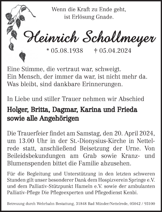 Traueranzeige von Heinrich Schollmeyer von Neue Deister-Zeitung