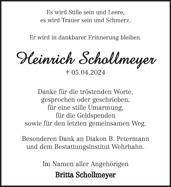 Traueranzeige von Heinrich Schollmeyer von Neue Deister-Zeitung