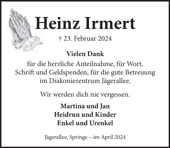 Traueranzeige von Heinz Irmert von Neue Deister-Zeitung