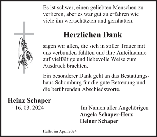 Traueranzeige von Heinz Schaper von Deister- und Weserzeitung