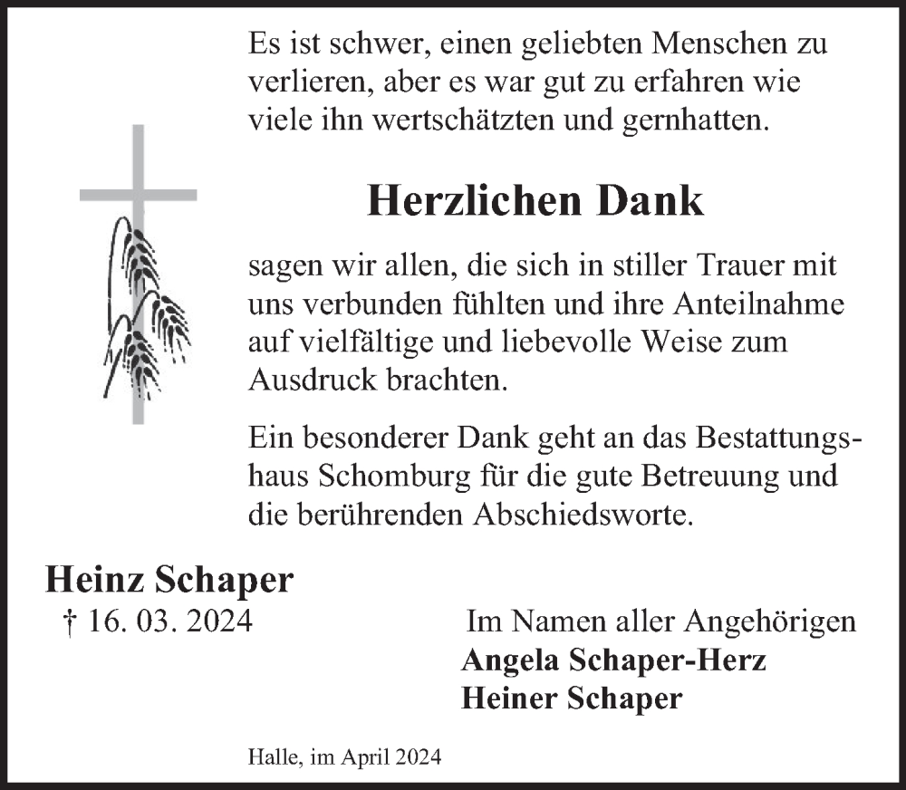  Traueranzeige für Heinz Schaper vom 19.04.2024 aus Deister- und Weserzeitung