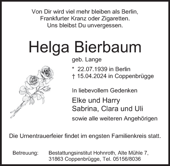 Traueranzeige von Helga Bierbaum von Deister- und Weserzeitung