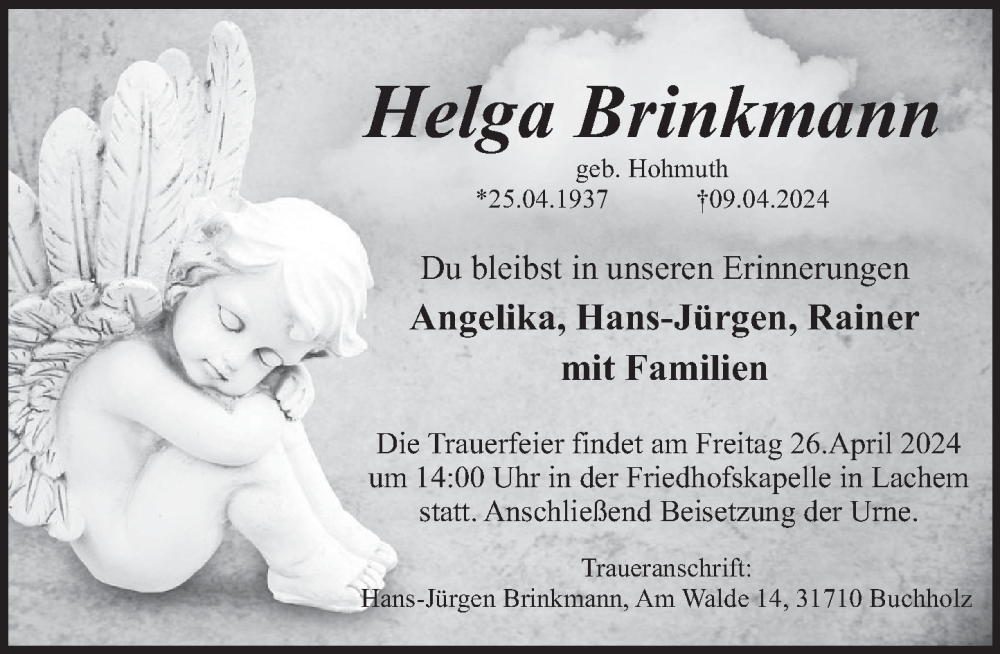  Traueranzeige für Helga Brinkmann vom 20.04.2024 aus Deister- und Weserzeitung