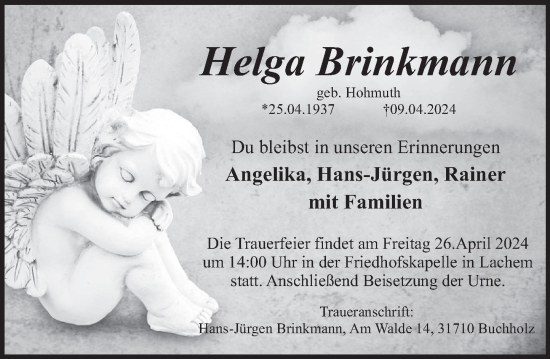 Traueranzeige von Helga Brinkmann von Deister- und Weserzeitung
