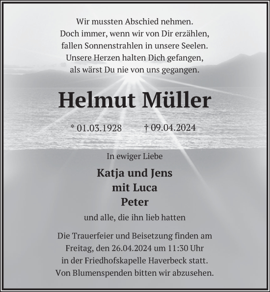 Traueranzeige von Helmut Müller von Deister- und Weserzeitung