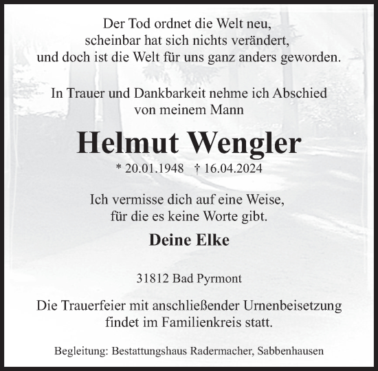 Traueranzeige von Helmut Wengler von Deister- und Weserzeitung
