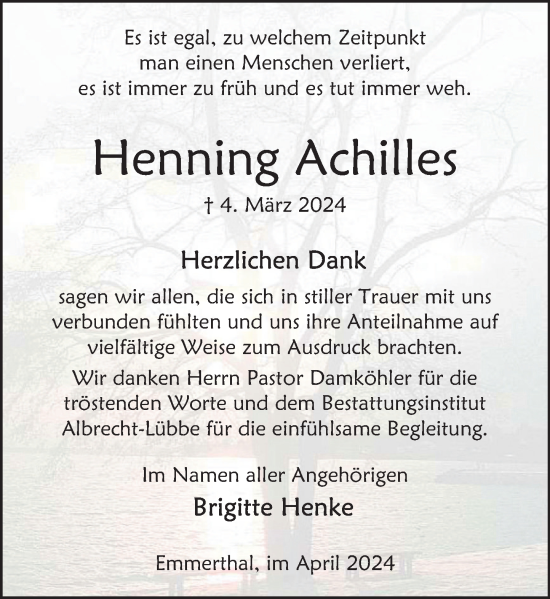 Traueranzeige von Henning Achilles von Deister- und Weserzeitung