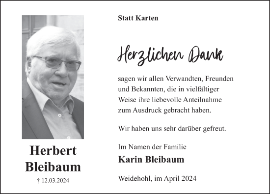Traueranzeige von Herbert Bleibaum von Deister- und Weserzeitung