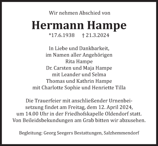 Traueranzeige von Hermann Hampe von Deister- und Weserzeitung