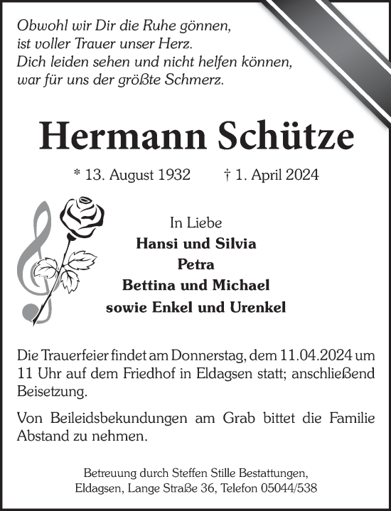 Traueranzeige von Hermann Schütze von Neue Deister-Zeitung