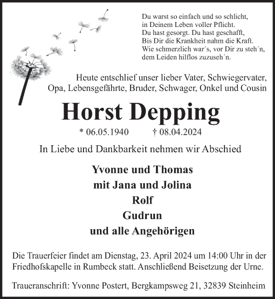 Traueranzeige von Horst Depping von Deister- und Weserzeitung