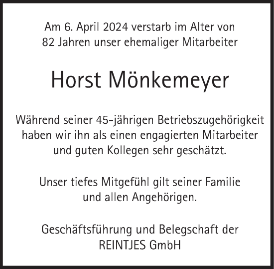 Traueranzeige von Horst Mönkemeyer von Deister- und Weserzeitung