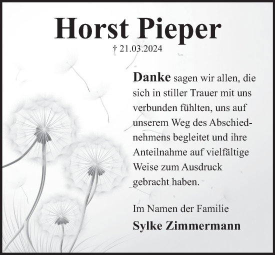 Traueranzeige von Horst Pieper von Deister- und Weserzeitung